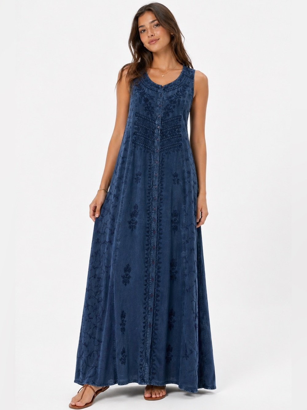 Expressions  Washed Blue Embroidered Button Front Sleeveless Midi Dress XL